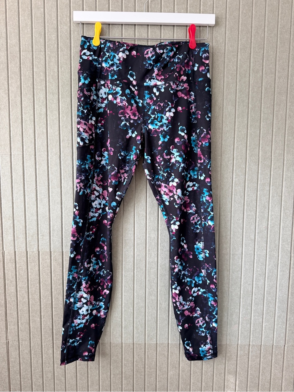 Avia Black Floral Print Leggings with Pink & Teal Accents